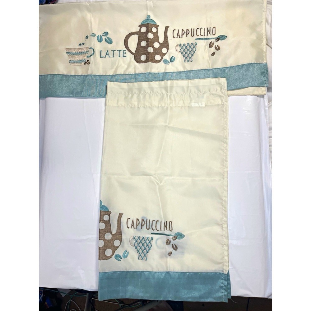 Latte Cappuccino Embroidered Café Tier Curtains 29x24 Beige/Blue Rod Pocket